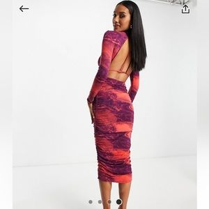 ASOS design minimal back long sleeve ruched mini dress in red tie dye print